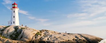 A wide shot of a lighthouse surrounded by green hills in nova scotia